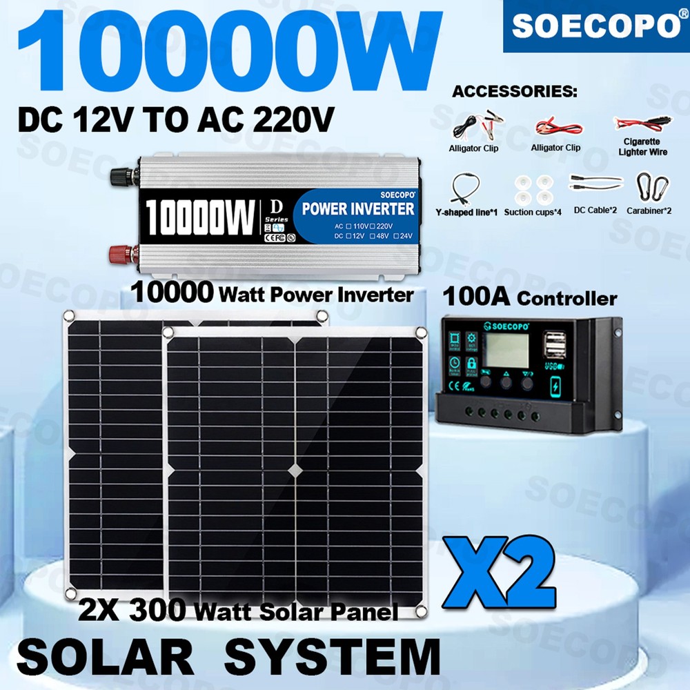 10000W High-Power Solar System Kit | 12V Input to 110V/220V Output | 2pcs Solar