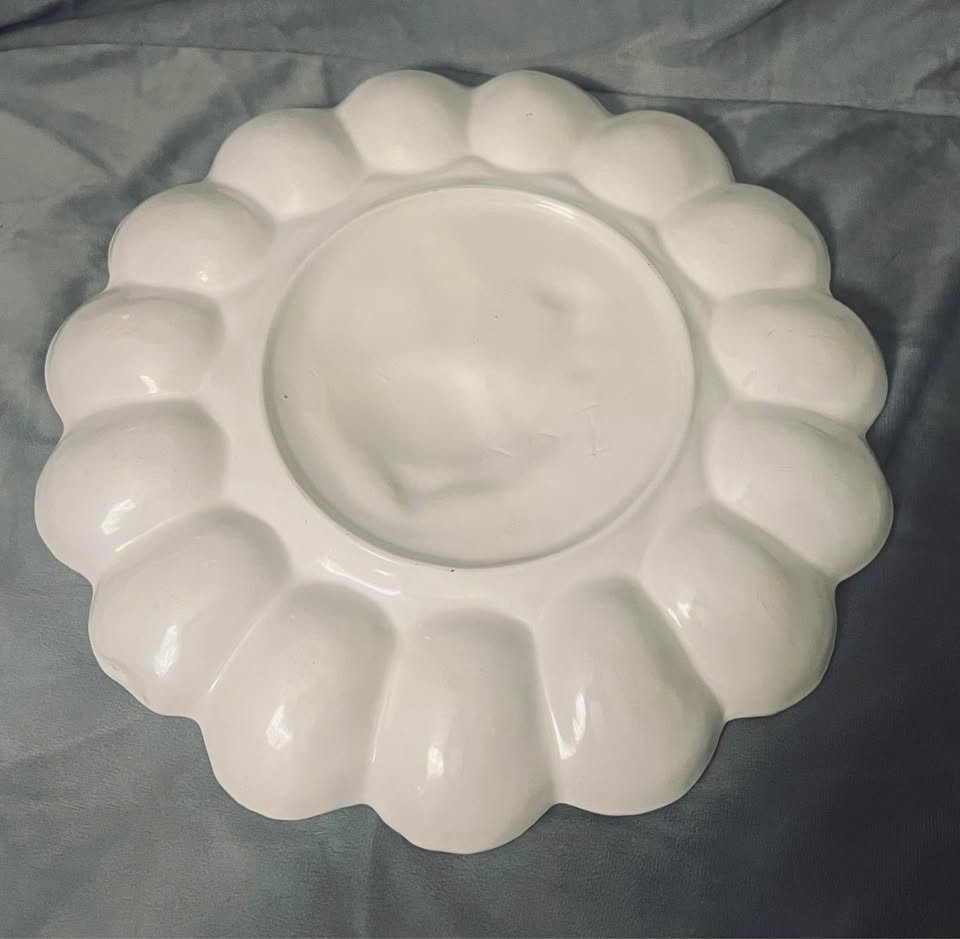 White Ceramic Easter Deviled Egg Platter with Rooster Design