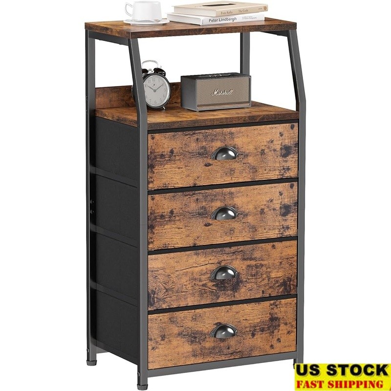 Multi-Functional Nightstand Storage Table W/ Double Layer Shelf & Fabric Drawers