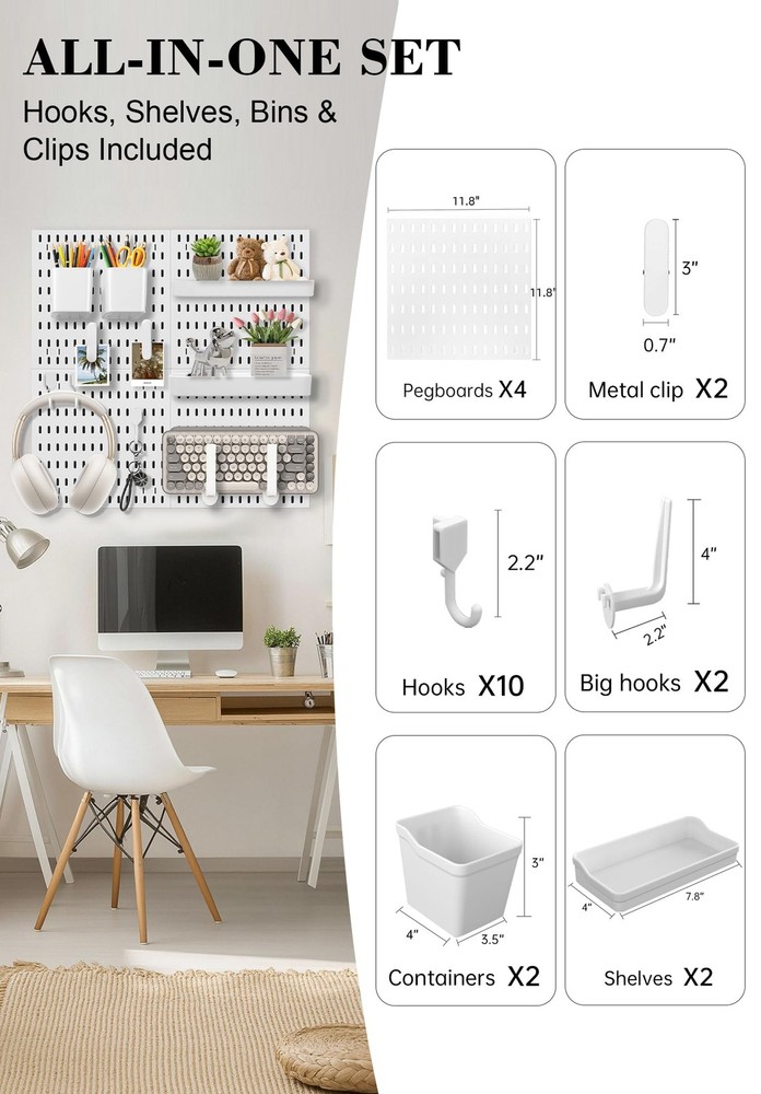 4 PCS White Pegboard Wall Organizer Set Hooks Shelves Office Kitchen Display