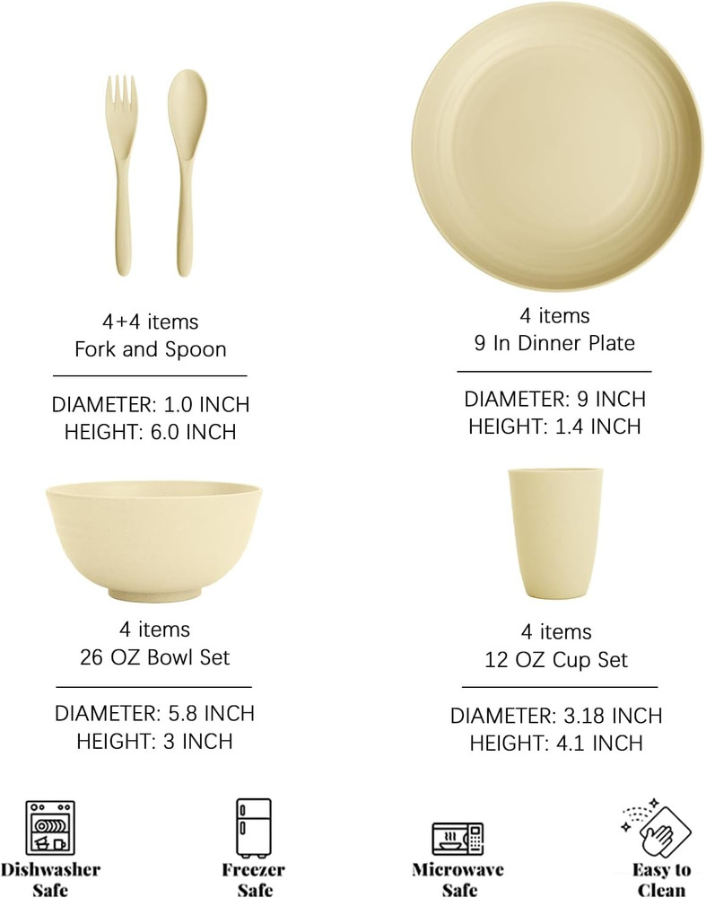 Premium Wheat Straw Dinnerware Sets | Service for 4 | Unbreakable Dinnerware Set