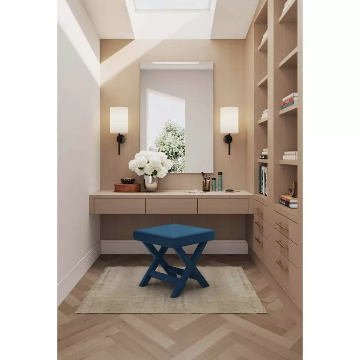 Manhattan Comfort Abigail Single Ottoman Bench with Solid Wood Frame in Blue