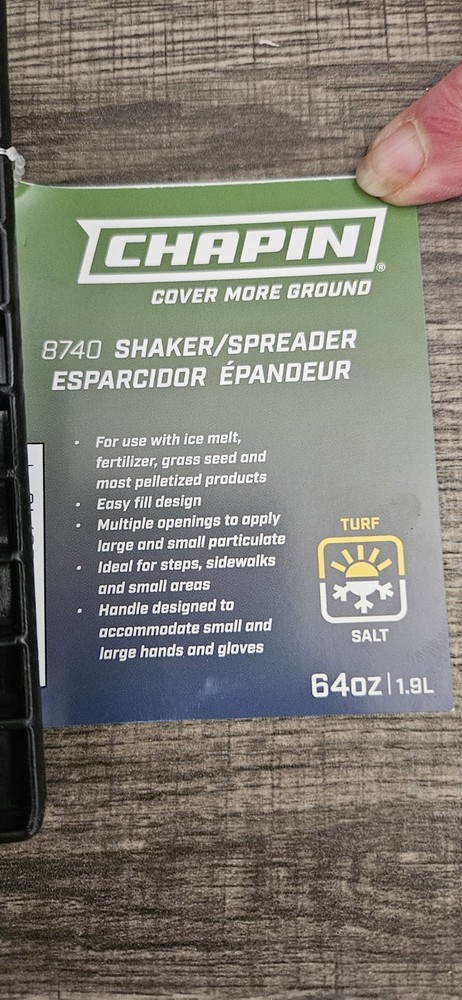 Chapin 64-ounce hand-held salt and seed spreader.