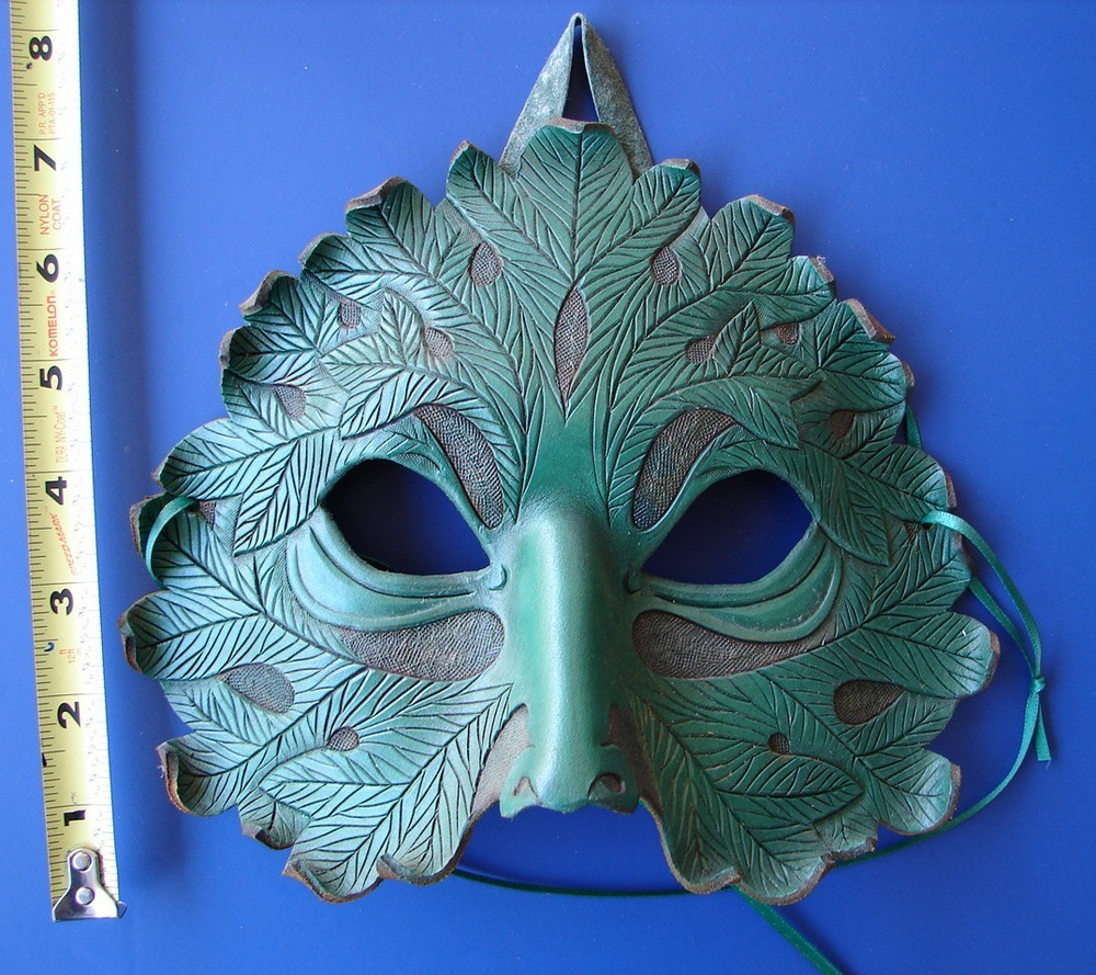 Mask Handcrafted Leather Green Leaf Design Display Signed/dated 1999 by AMH