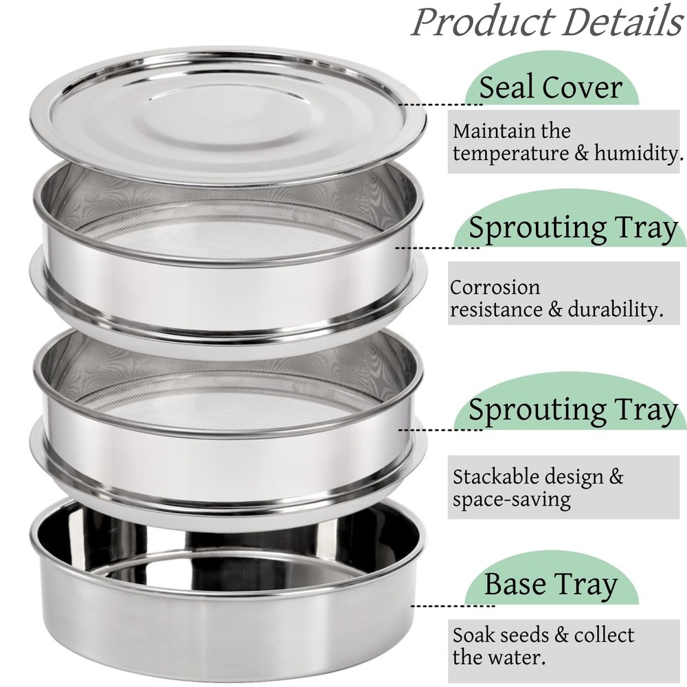 9" Stackable Stainless Steel Seed Sprouting Kit, 3-Tier Mesh Germination Tray...