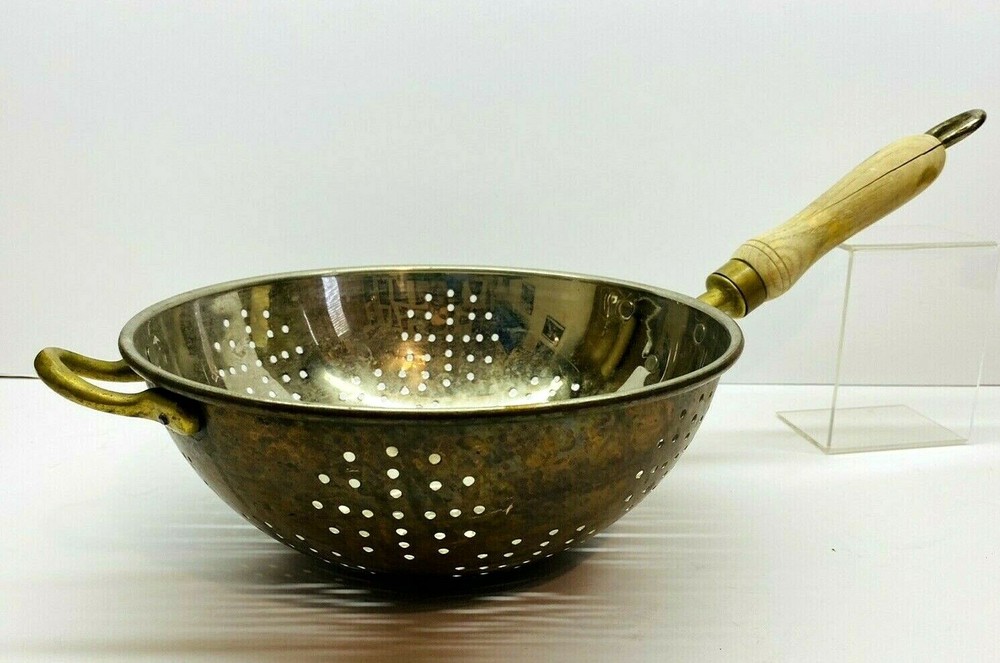 Vintage Tin Lined Copper Colander/Strainer With Wood Handle 9" Diameter