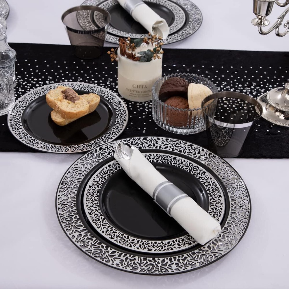 210 disposable black plastic plates with prepackaged silverware and cups