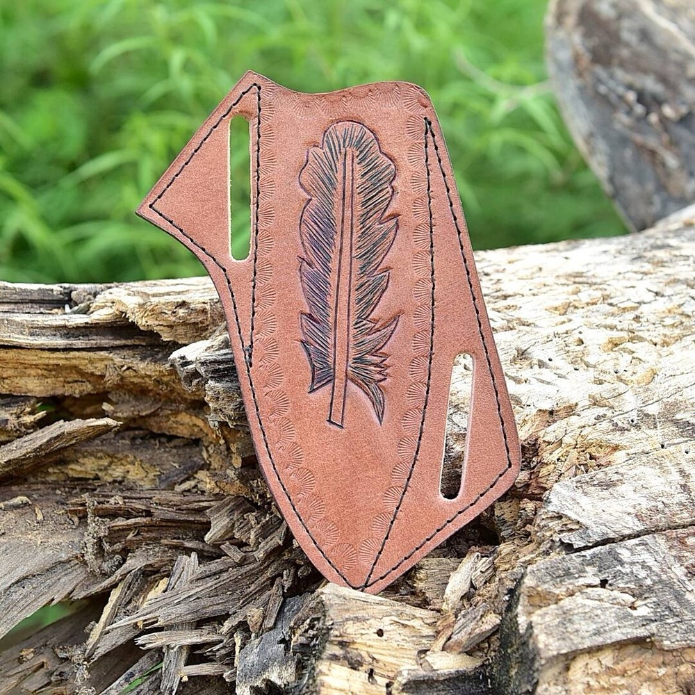 Leather Hand Leaf Engraved PANCAKE Fixed Blade Knife Belt Sheath Folding Case
