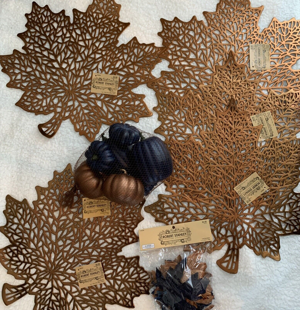 NEW  Table Decor   Fall Thanksgiving   Navy & Copper   Leaf Placemats & Pumpkins