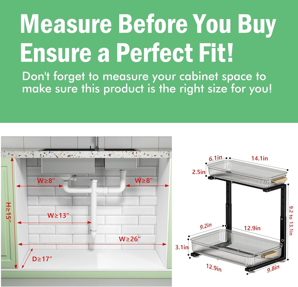 under Sink Organizer - 2 Packs Multi-Purpose Pull-Out Storage Organizers, Slide