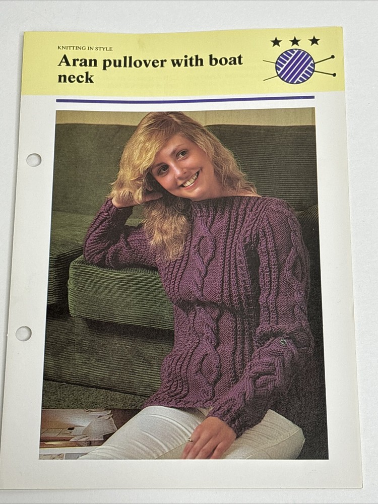 Aran Pullover With Boat Neck Women's Sweater Knitting Pattern Card