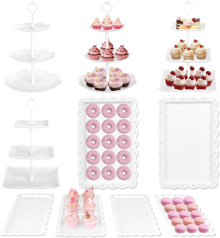 Cake Stand White Plastic Dessert Table Display Set 4 Pcs 3 Tired Cupcake