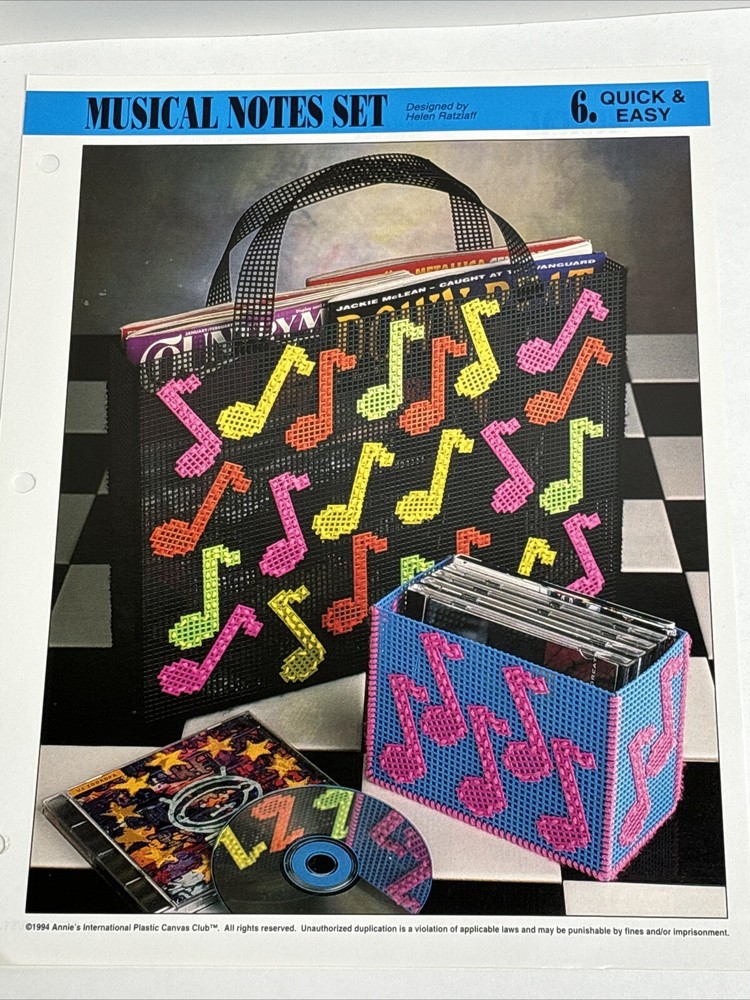 Musical Notes Set Tote & CD Holder Annie's Attic Plastic Canvas Pattern Page