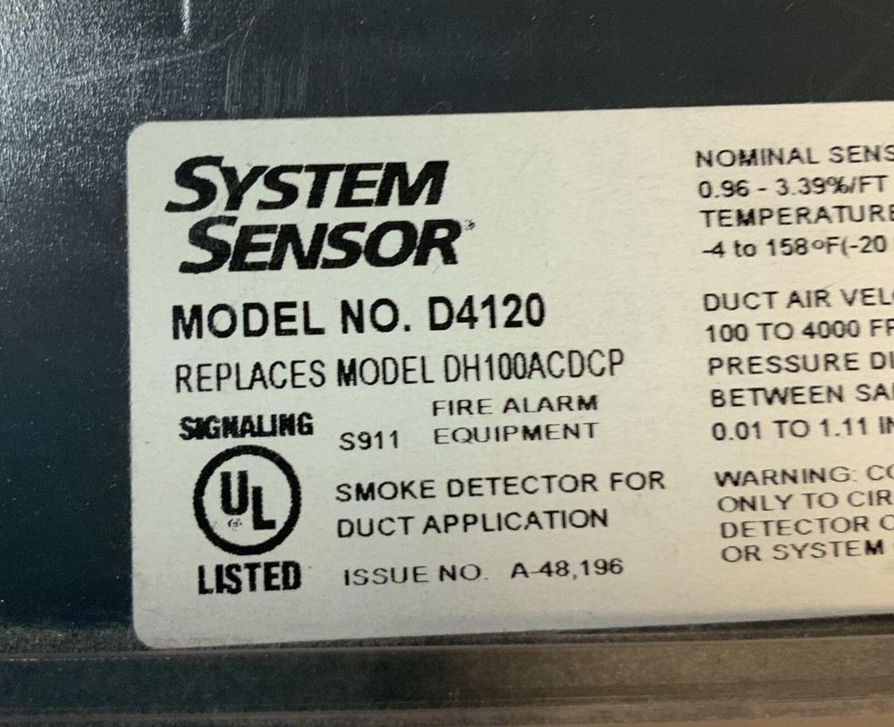 System Sensor D4120 Smoke Detector for Duct Application, Black "U2D"
