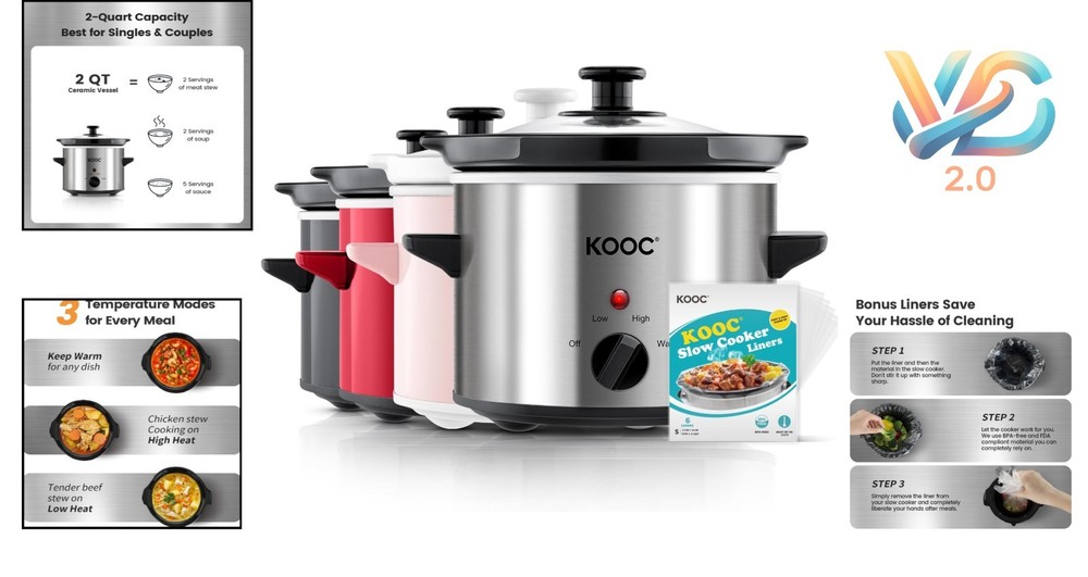 2 Qt Stainless Steel Slow Cooker with Liners, Adjustable Temp Silver