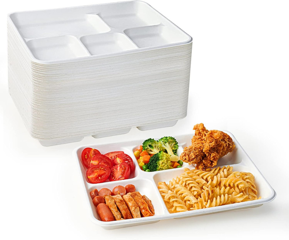100% Compostable 5 Compartment Plates, 125 Pack Disposable Paper Plates, Heavy-D