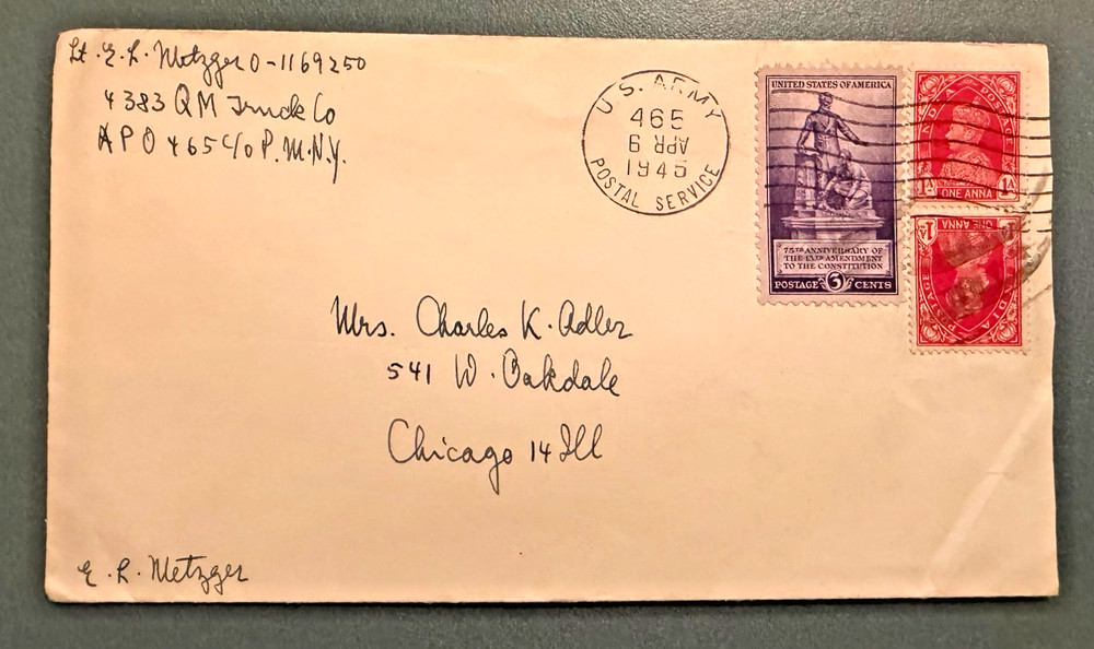 INDIA US ARMY POSTAL SERVICE 3¢ + 2 ONE ANNA STAMPS 1945