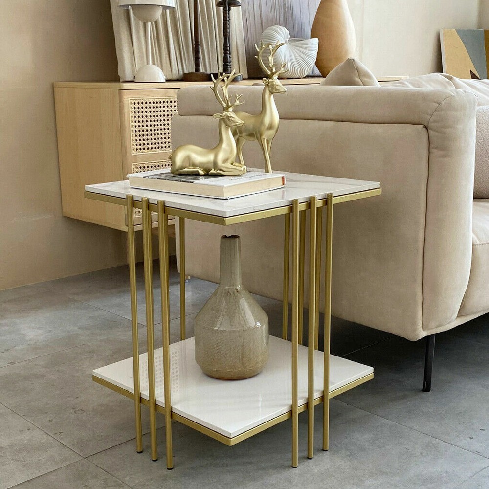 Double Tier Marble Sofa End Table Bedside Tables Storage Nesting Table Furniture