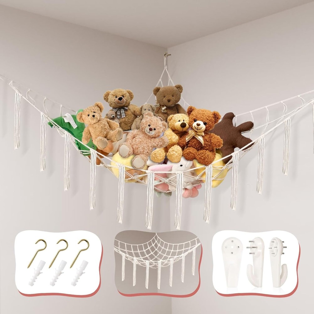 Large Stuffed Animal Storage Hammock Corner Beige Net