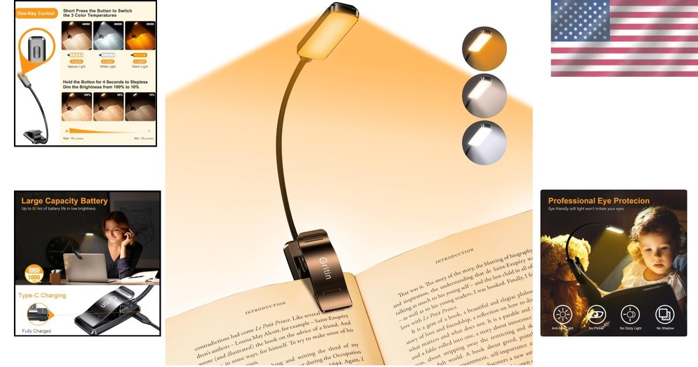 Portable LED Reading Light with 3 Color Temperatures & Stepless Dimming