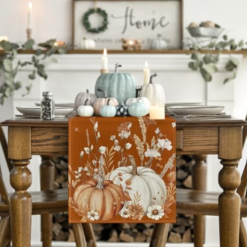 Pumpkins Leaves Flowers 210 GSM Fall Table 13" x 72", Table Runner Orange