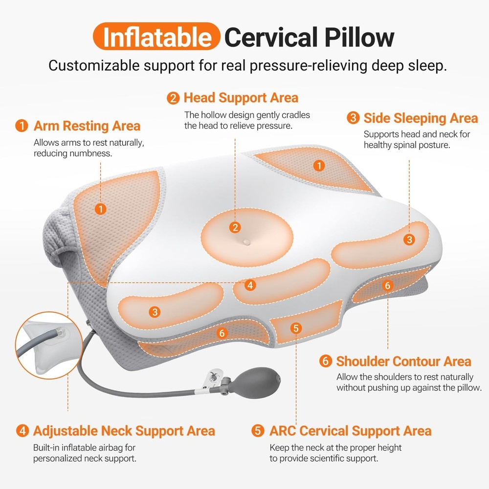 Inflatable Cervical Neck Pillow for Sleeping with Adjustable Support, Ergonom...