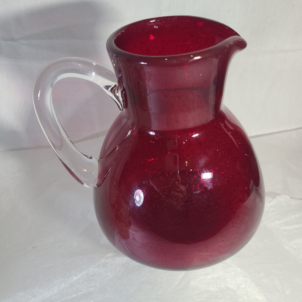 ABIGAIL Hand Blown Red Ruby Art Glass Bubble Pitcher Applied Clear Handle 5.5"