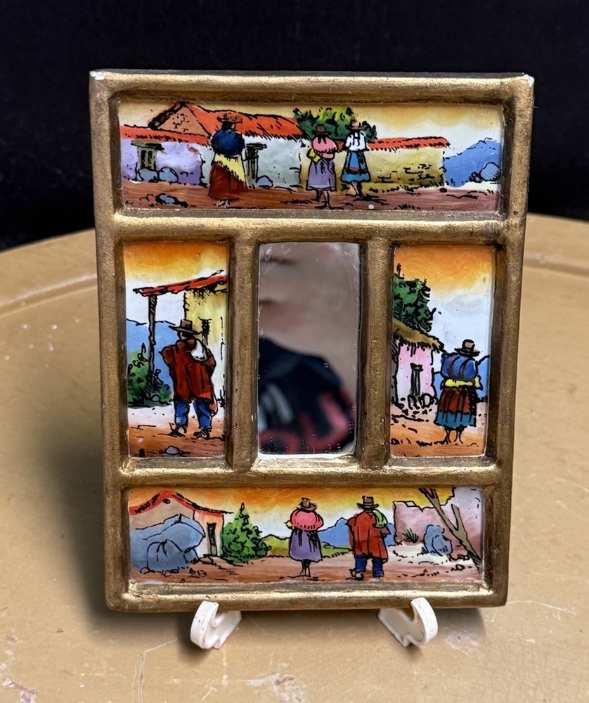 Vintage Reverse Hand Painted Mirror Folk Art Wall Decor. Peru