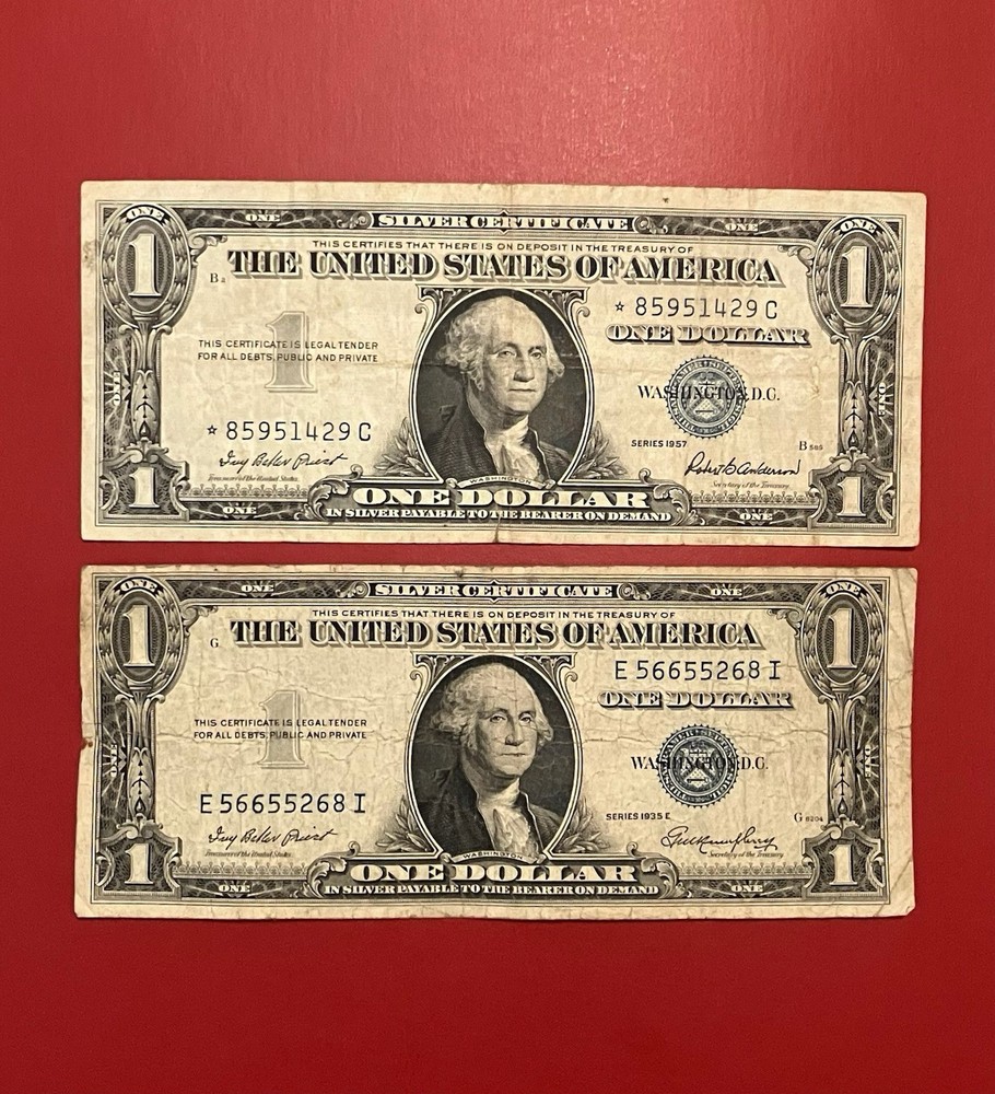 1957 Silver Certificate Star Note and 1935 E Silver Certificate circulated