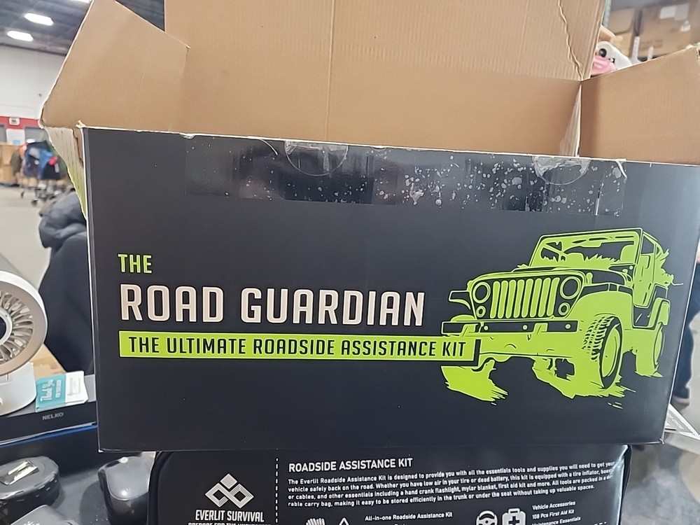 Roadside Safety Tool Kit with Digital Tire Inflator, Jumper Cables, First Aid