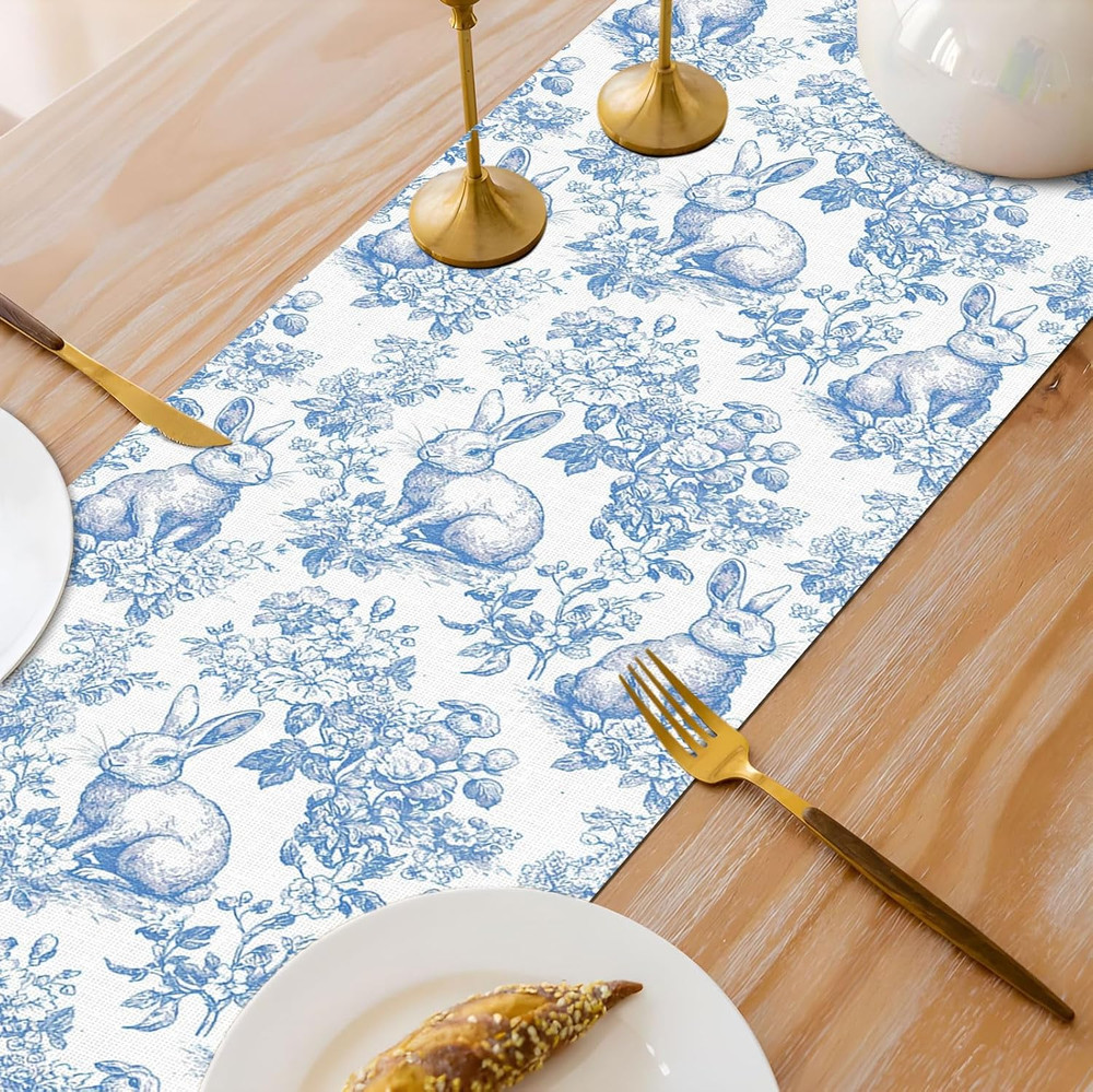 Chinoiserie Easter Table Runner Blue White Bunny Toile 13X72 Table Decor