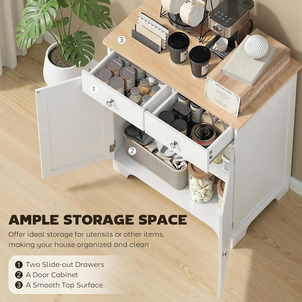 Sideboard Buffet Cabinet W/ Solid Wood Countertop Modern Kitchen Storage Cabinet