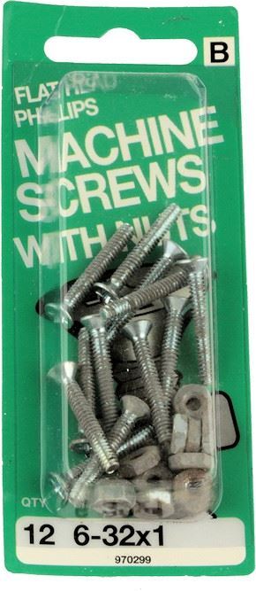 #6-32 x1" Flat Head Machine Screws with Nuts - 12 Pack