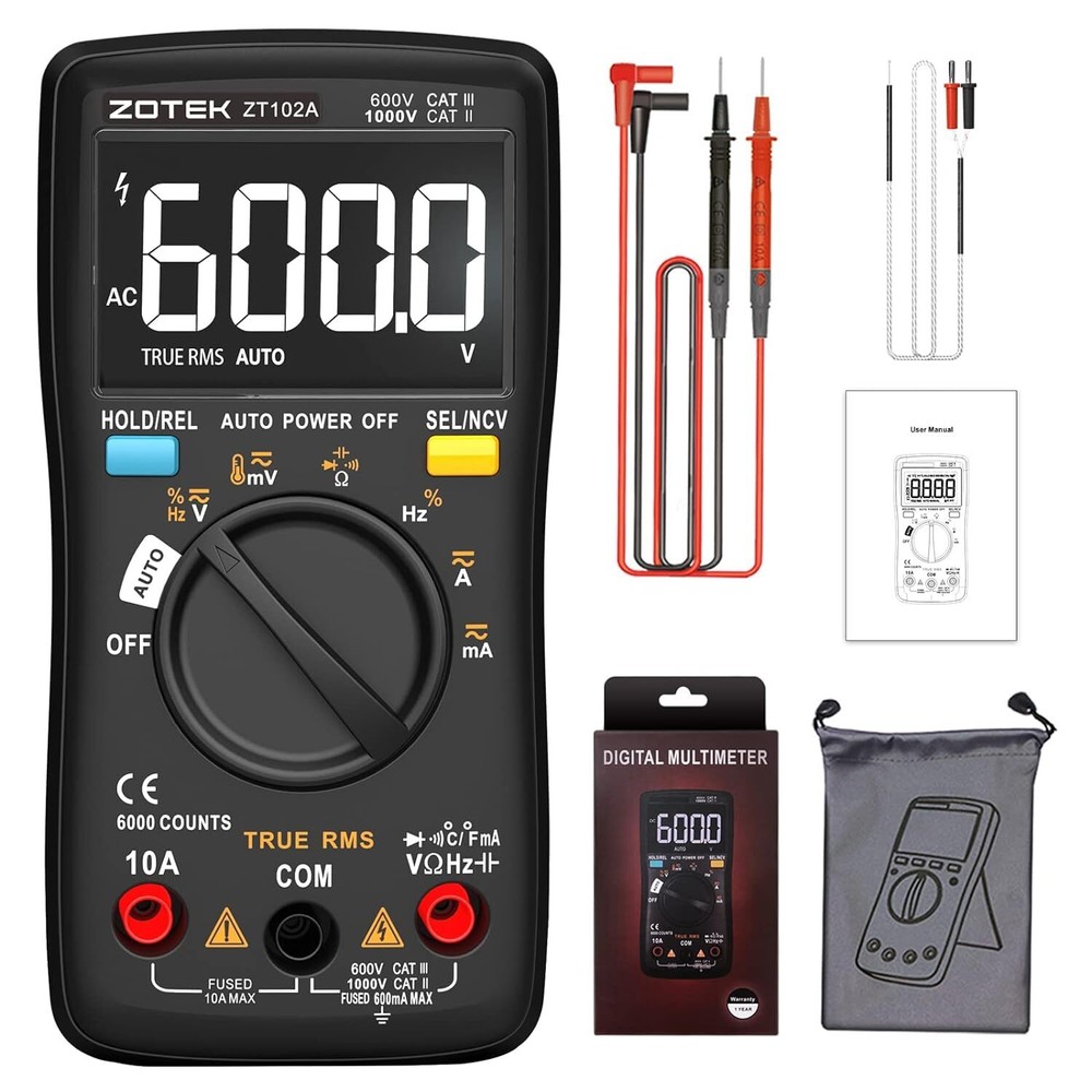 Digital Multimeter Auto Ranging Smart LCD Diode Tester AC/DC 6000 Counts T-RMS