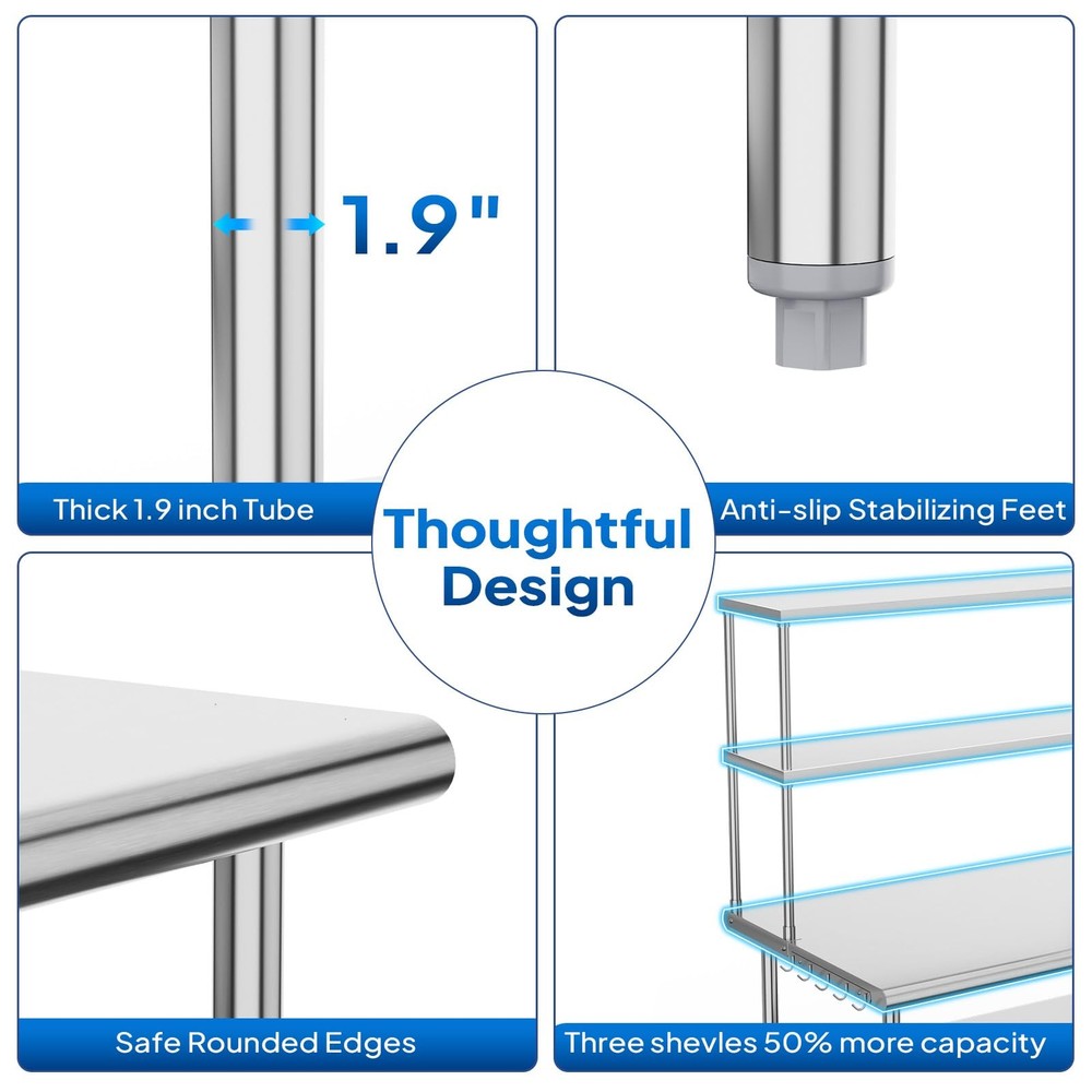 Heavy-Duty Metal Kitchen Prep Table with Removable Shelves & Detachable Hooks