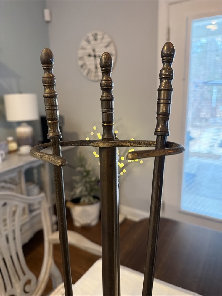 Vintage Solid Brass 4 Piece Fireplace Tool Set Stand, Sweeper, Poker & Shovel