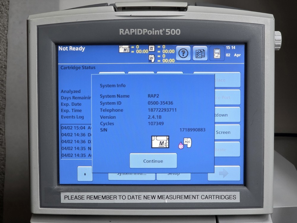 Siemens - RAPIDPoint 500 - Blood Gas Analyzer Bar Code Reader Touchscreen LCD