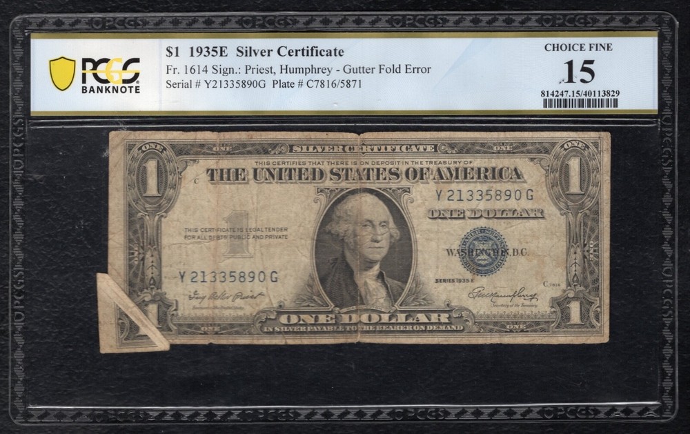 FR. 1614 1935-E $1 SILVER CERTIFICATE “GUTTER FOLD ERROR” PCGS BANKNOTE FINE-15