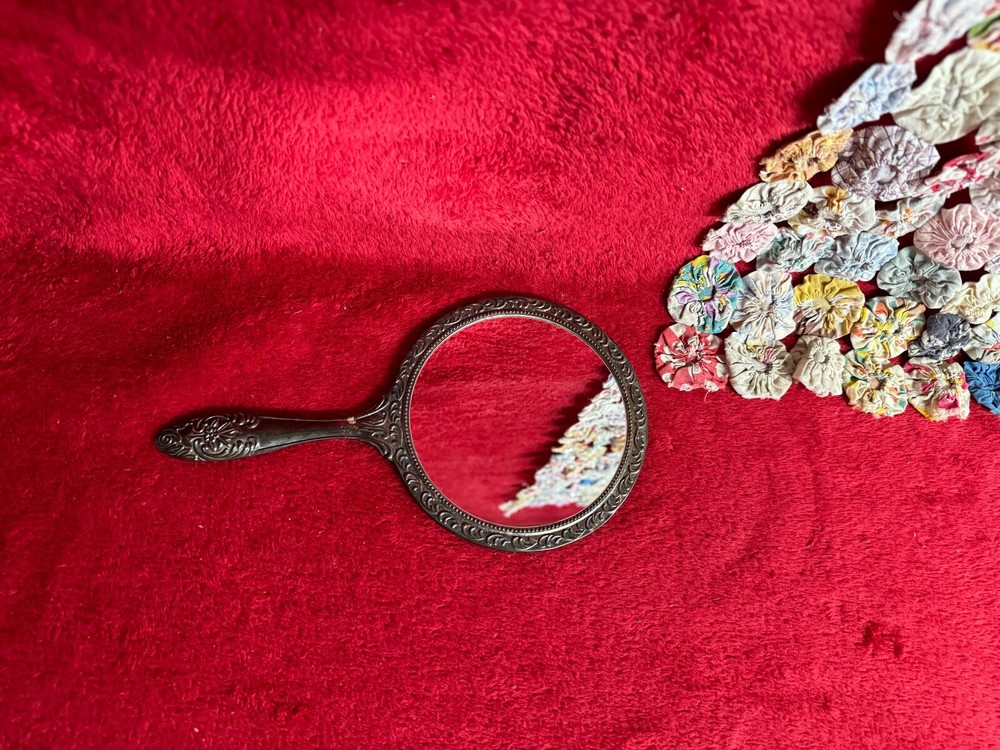 Vtg Vanity Hand Mirror with Decorative Raised Design