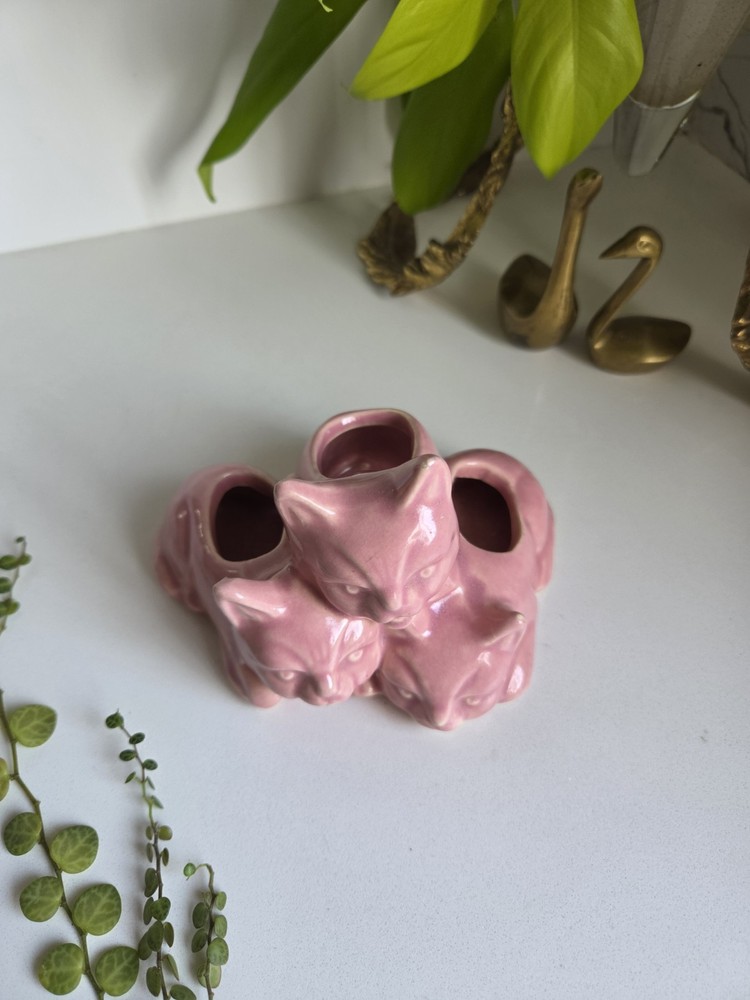 Vintage Ceramic Pink Triple Three Cat Planter