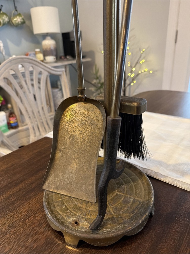 Vintage Solid Brass 4 Piece Fireplace Tool Set Stand, Sweeper, Poker & Shovel