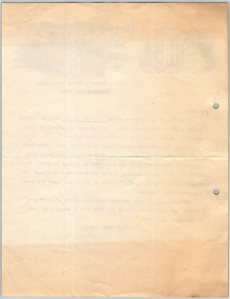 Scarce 1906 John Deere / Deere & Webber Letterhead "Order For Engine Gangs.."