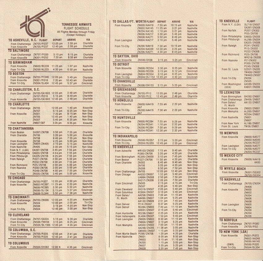 Tennessee Airways timetable 1983/06/01