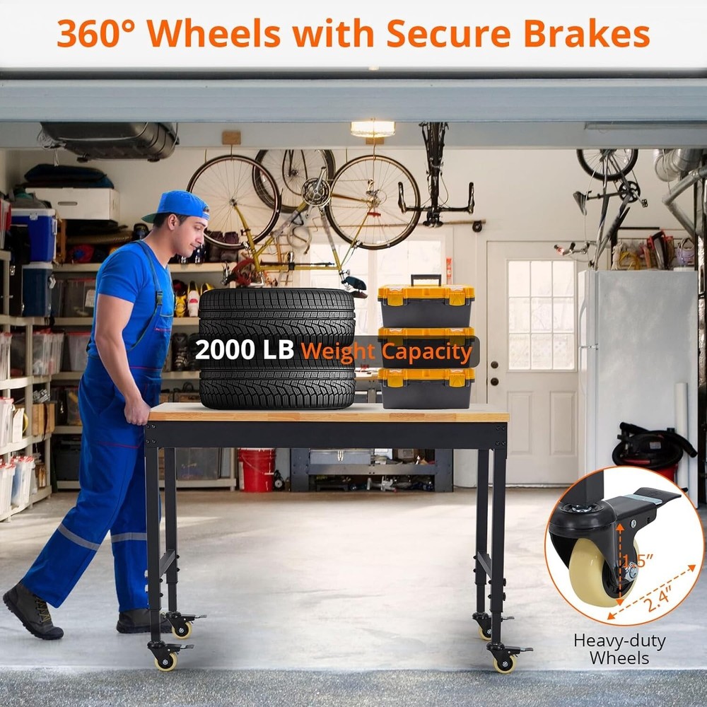 60" Adjustable Height Workbench 2000 LBS Workstation W/ 9.8FT Cable & Casters US