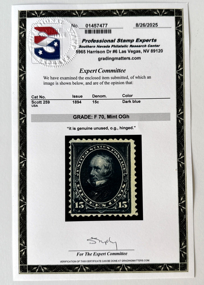 Scott 259 1894 15c Mint OG PSE Cert