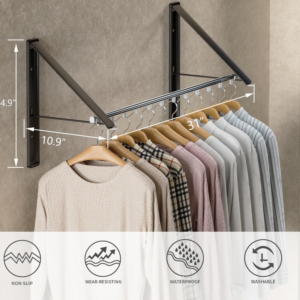 Dr.DJ Clothes Drying Rack with Rod, Wall-Mounted Retractable & Foldable Cloth...