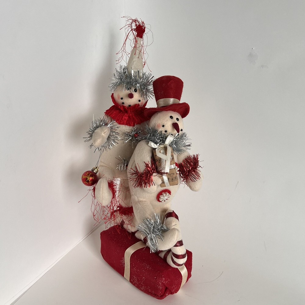 2 Soft Fabric Snowmen Dancing On Present Clown Hat Tinsel