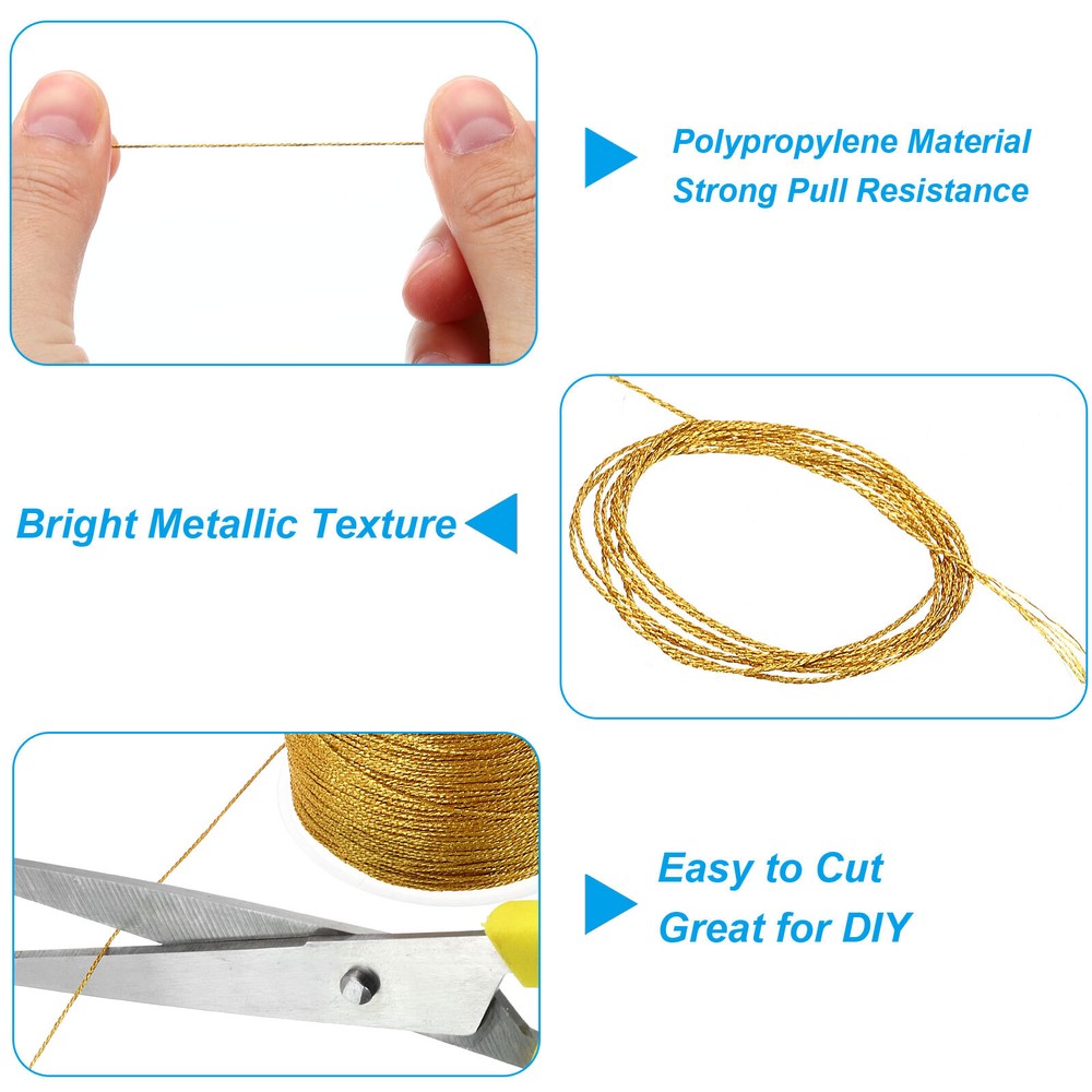Total 300yard Metallic Cord, 5Rolls 0.4mm Dia Ornament String Thread,Gold