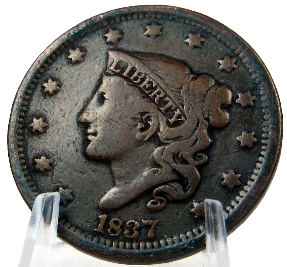 1837 CORONET HEAD " BEADED CORDS  N-12 "Large Cent Chocolate Brown  #GB184C0-2-2