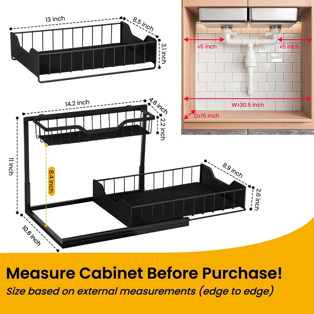 3 Pack, Under Sink Organizer 2-Tier with Slide Out Lower Drawer - Metal Pull ...